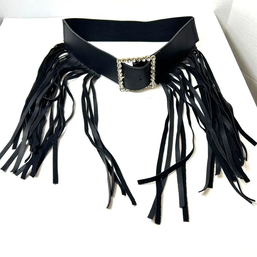 Women's NWOT Black Fringe Clear Gem Detail Buckle Elastic and Faux Leather Belt
